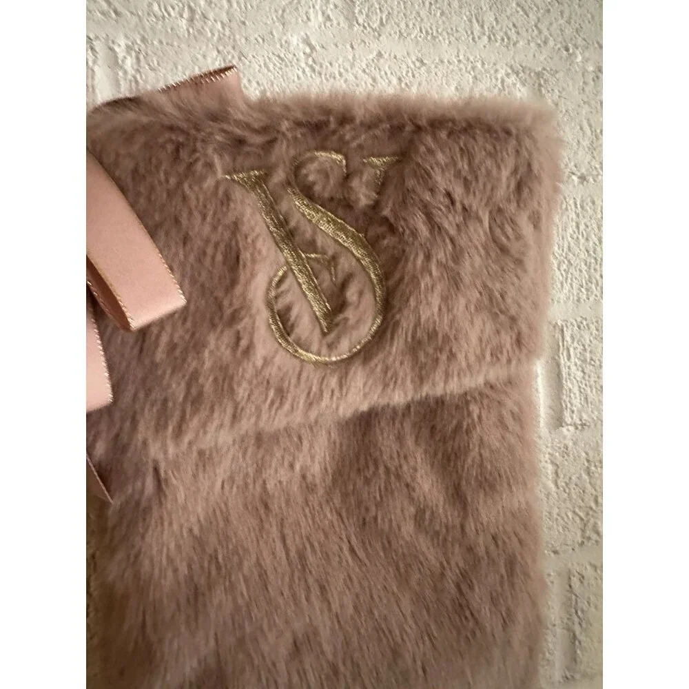 New VICTORIA'S SECRET Faux Fur Blush Pink Christmas Stocking Gold VS Bow Accents